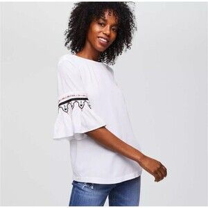 Loft White Pleated Bell Sleeve Embroidered Blouse Size XL Lightweight Boho‎